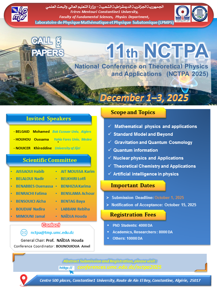 Poster of the 11th National Conference on Theoretical Physics and its Applications (NCTPA 2025), including dates, venue, and conference themes.